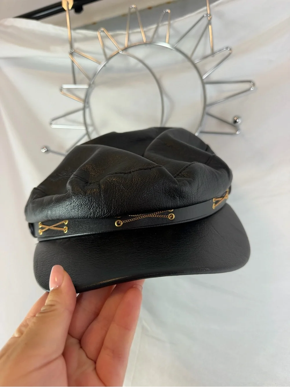 Black Faux Leather Baker Boy Cap with Gold Chain Trim